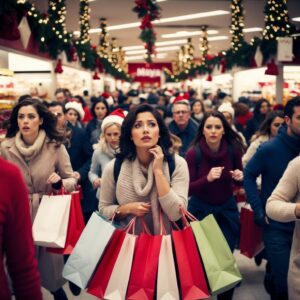 a woman shopping in a busy shopping centre looking visibly anxious and overwhelmed