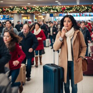"A bustling holiday travel scene in a busy airport terminal, with Maya, a thoughtful woman in her mid-30s, standing with a suitcase. She is wearing a comfortable winter coat, a scarf, and jeans. Maya looks slightly overwhelmed, surrounded by people rushing in all directions, with festive holiday decorations in the background."