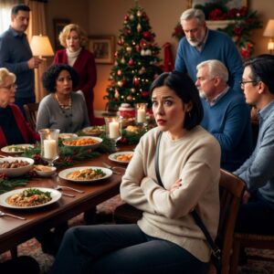 "A cozy family dining room during the holidays, with a table filled with traditional food and family members of all ages. Maya, wearing a simple cream sweater and dark jeans, sits quietly at the table with a slightly uneasy expression as others engage in lively discussions. The room is warmly lit, with a decorated tree and holiday decorations in the background, adding to the festive yet emotionally charged atmosphere."