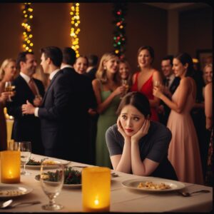 A warmly lit holiday party with small groups of people chatting and laughing in the background. Maya stands slightly apart, holding a drink in her hand, her expression a mix of nervousness and contemplation. She’s wearing an elegant evening dress, looking refined but slightly out of place in the lively atmosphere.