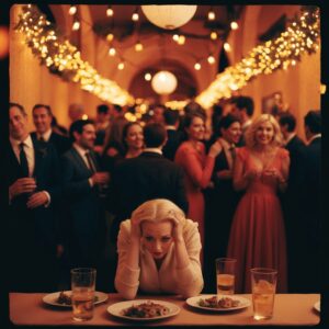 "A stylish holiday cocktail party in a chic, softly lit setting. Maya, dressed in an elegant emerald green dress with a fitted waist and simple earrings, stands slightly aside holding a martini glass. She glances toward a group of guests in the center of the room, her expression a mix of curiosity and hesitation. The space features modern holiday decorations and a sophisticated atmosphere."