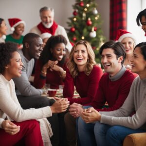 "A lively holiday party scene with Maya, a thoughtful young woman in her mid-30s, standing near the edge of the room. Maya is dressed in a deep red cocktail dress with subtle gold accents, holding a glass of sparkling water and scanning the room with a hesitant expression. The background features festive decorations, warm lighting, and people chatting and laughing in a bustling atmosphere."