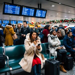 "Maya sitting in a crowded airport terminal on a bench, wearing a warm coat and holding her phone while looking at a departure board with a frustrated expression. Around her, other travelers are also waiting, some with luggage, while holiday decorations add a touch of festivity to the scene."