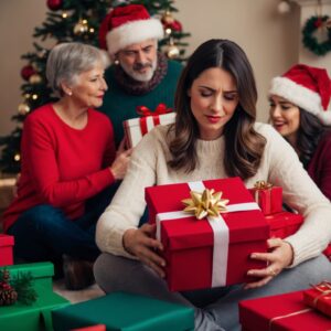 a family scene where a woman is looking at a present, looking worried and unsure of how to react