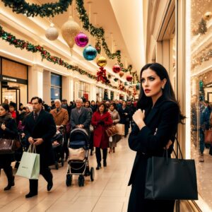a busy woman standing alone while crowds in a shopping mall pass her by