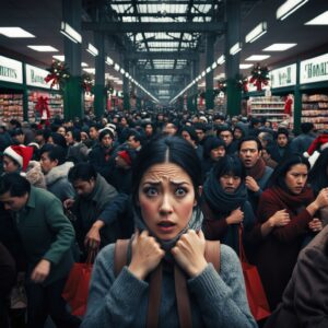 Inside a crowded shopping mall, bright holiday decorations hang above as people fill the stores and lines extend from checkout counters. Maya stands near a shop window, holding a couple of shopping bags, her face showing subtle anxiety as she scans the crowd. She’s dressed stylishly in a blazer and boots, exuding grace despite the chaos around her.